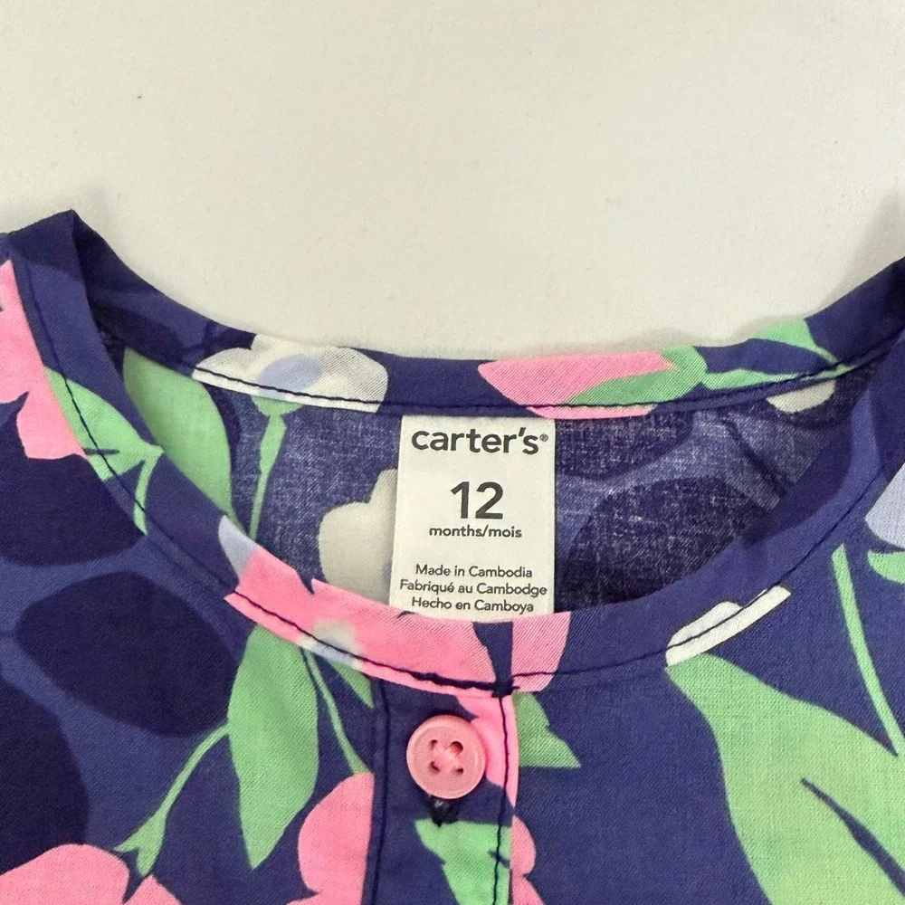 Carters Baby Girl 12M Navy Blue Floral Cotton Cap Sleeve Tunic Top Cottagecore